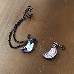 New Unworn Black Crystal Moon CZ Stud Chain Ear Cuff Earrings